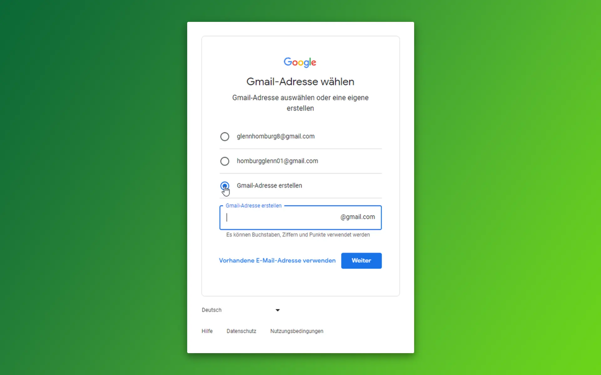 Lege ein neues Google-Konto mit einer geschäftlichen Gmail-Adresse (firmennamen@gmail.com) an.
