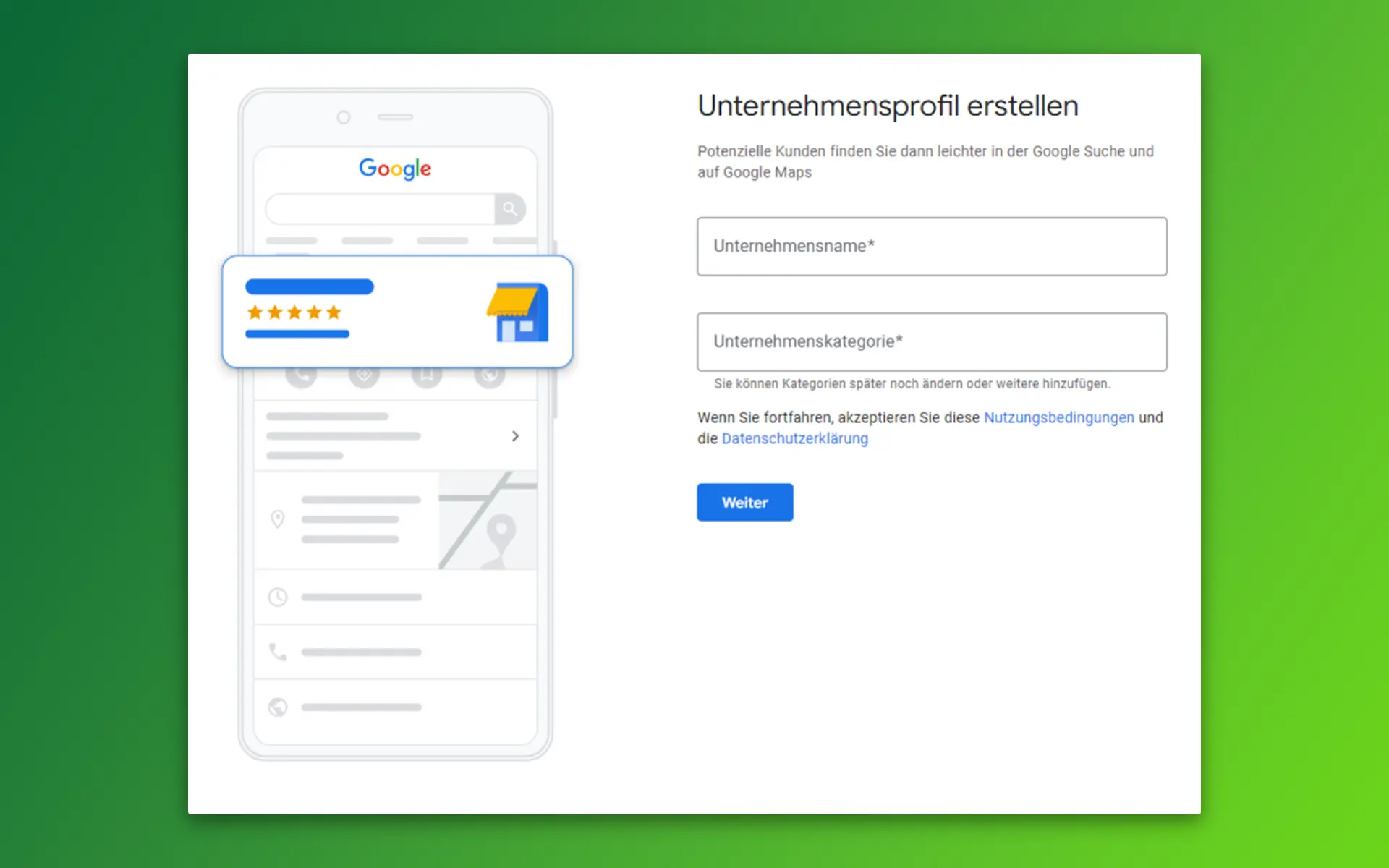 Schritt 2 & 3: Gib den Namen deines Unternehmens und die Hauptkategorie ein.