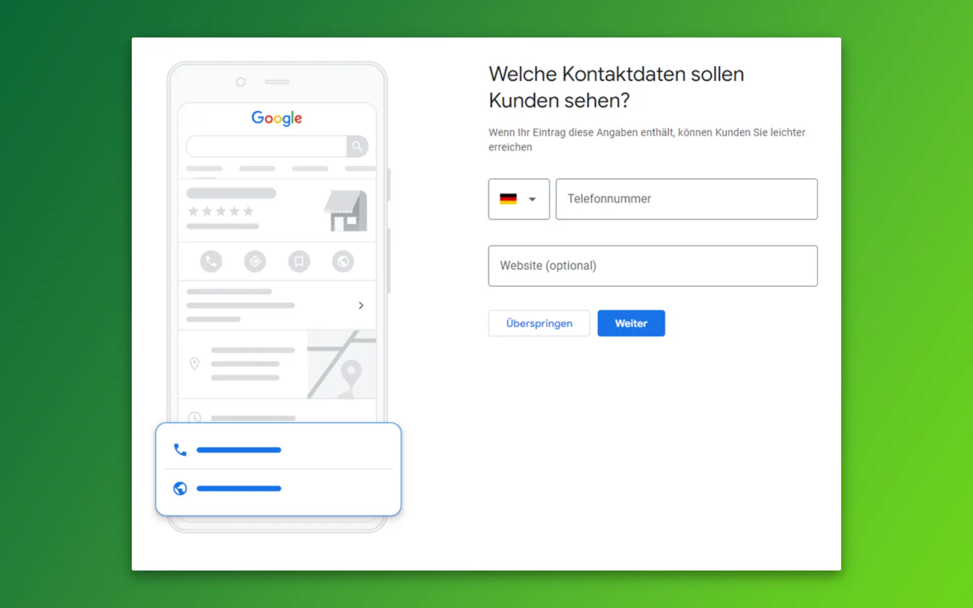 Gibst du eine Telefonnummer und eine Website an, können dich deine Kunden leicht erreichen.