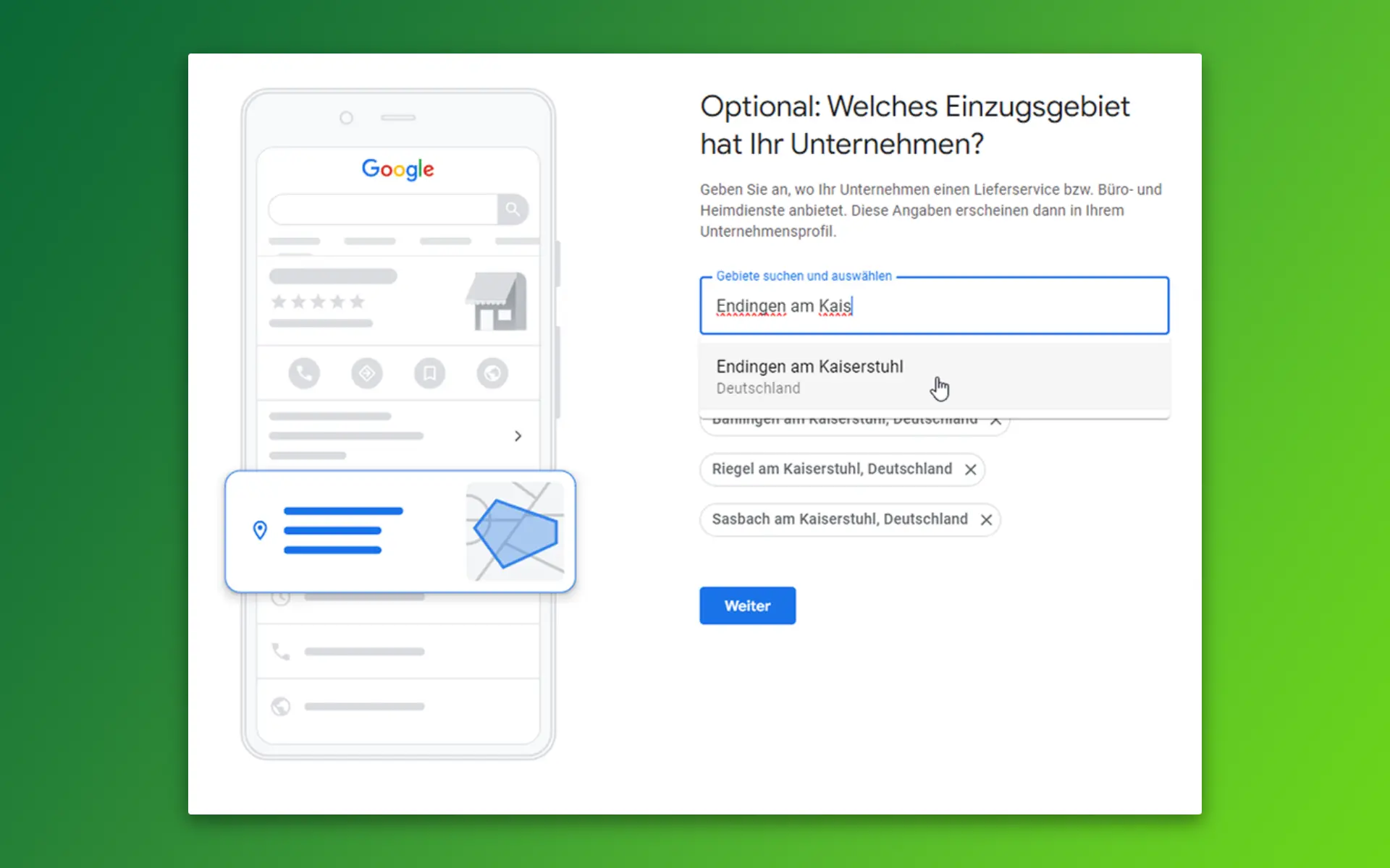 Du kannst höchstens 20 Gebiete hinzufügen. Diese sollten nicht weiter als 2 Autostunden entfernt liegen.