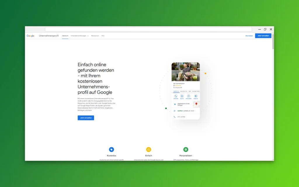 Startseite von Google Unternehmensprofil
