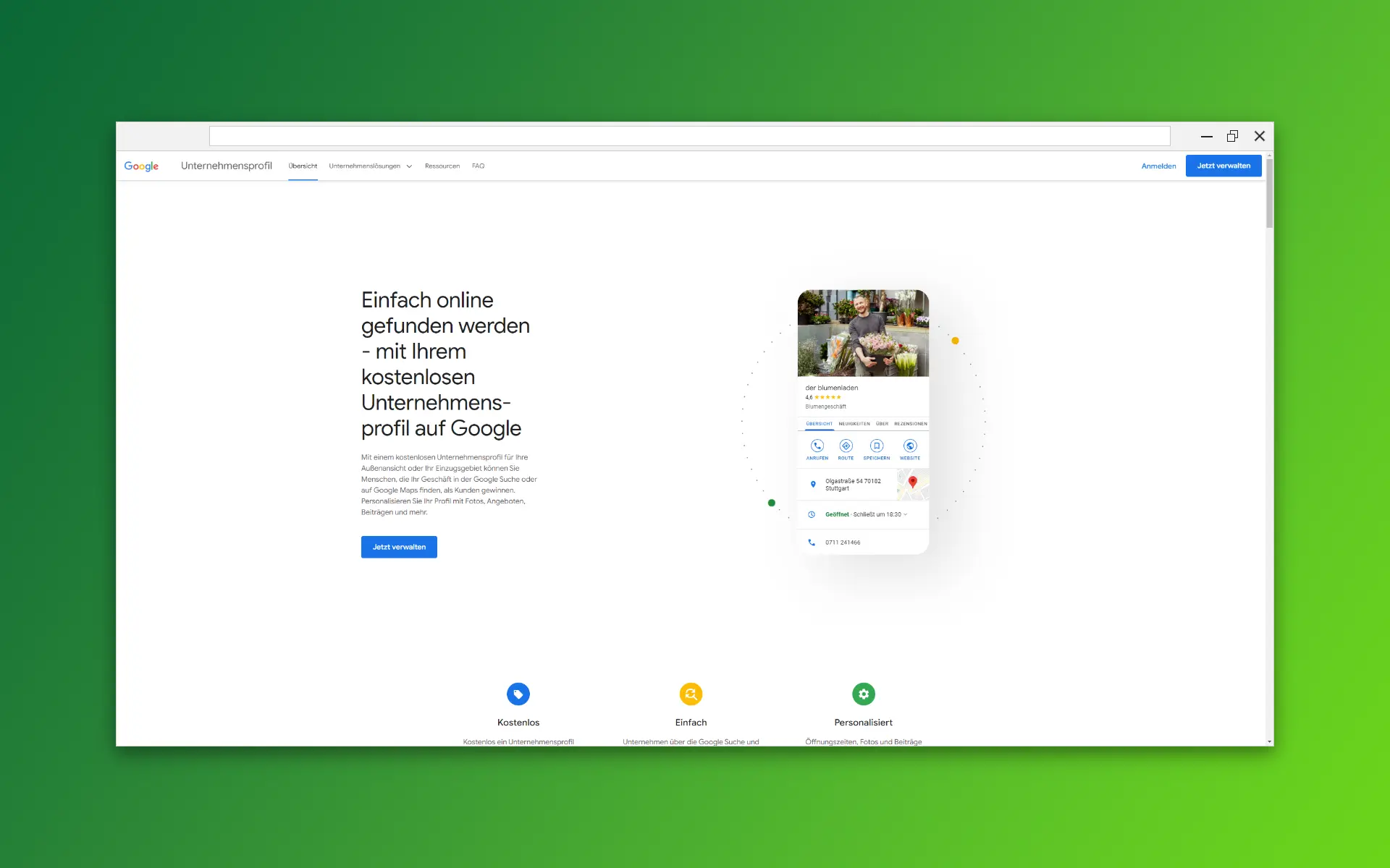 Auf https://business.google.com/ kannst du ein kostenloses Google Unternehmensprofil erstellen.